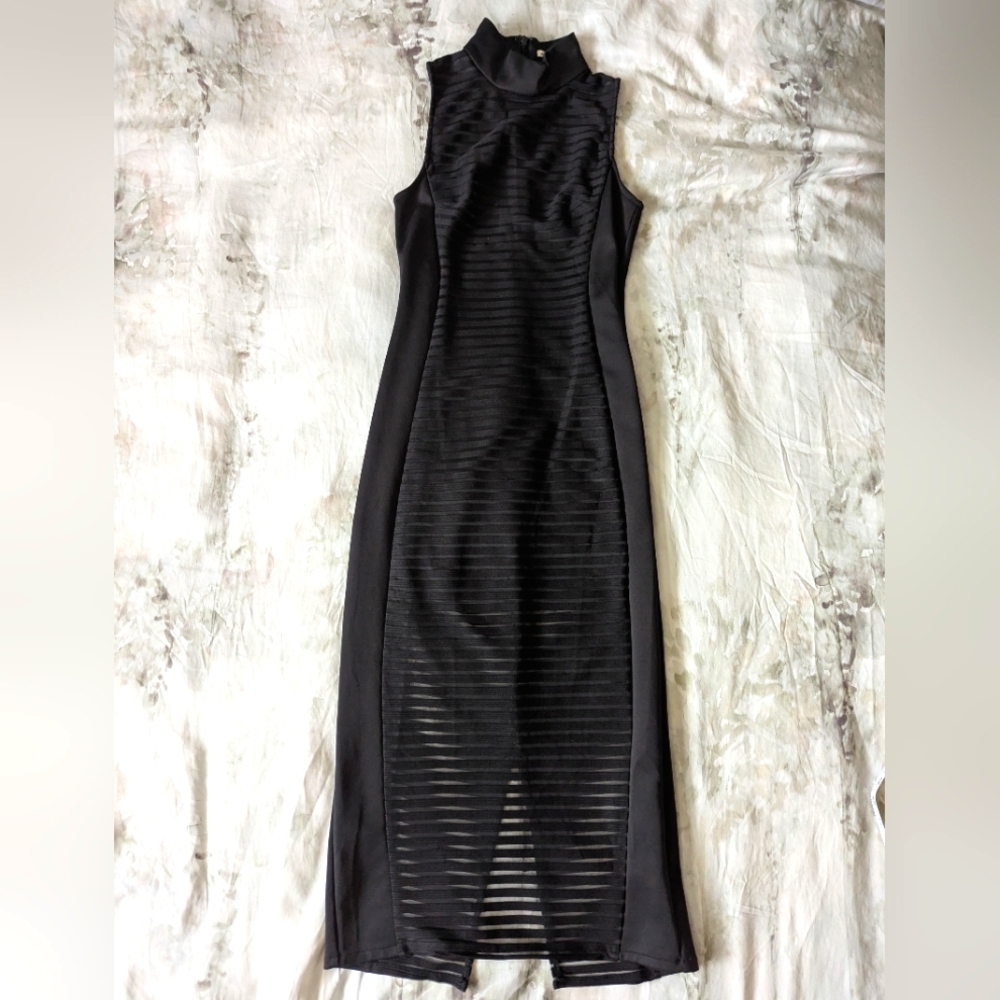 Mustard Seed black sleeveless high-collar mesh bodycon midi dress size small